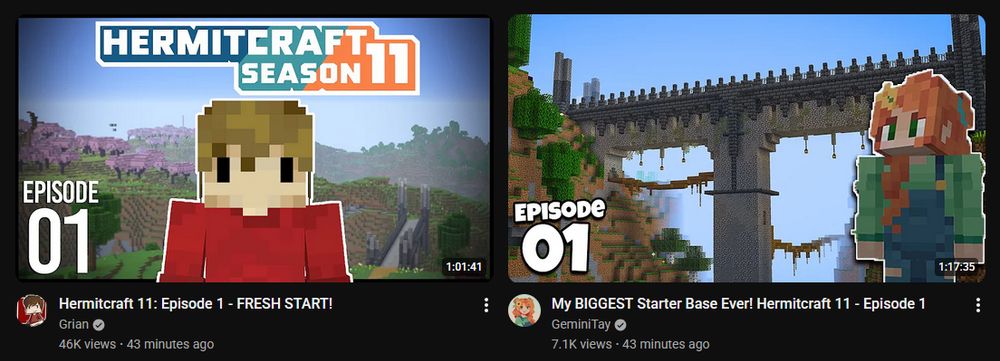 Grian and GeminiTay Hermitcraft 11 Episode 1: 1:01:41 and 1:17:35