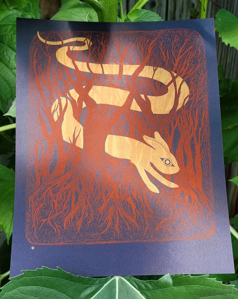 riso print of a rabbit ghost in a forest. printed in shiny flatallic gold ink and fluorescent orange on black paper