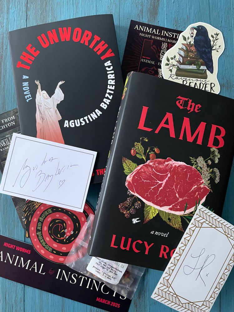 The Lamb by Lucy Rose 
The Unworthy by Agustina Bazterrica
Ravenous Reader graphic by Evie Bookish
Drop of Poison graphic by Nat
Animal Instincts bookmark by The Ink Smithe
Fruit & Flower Tea The Grateful Tea Co