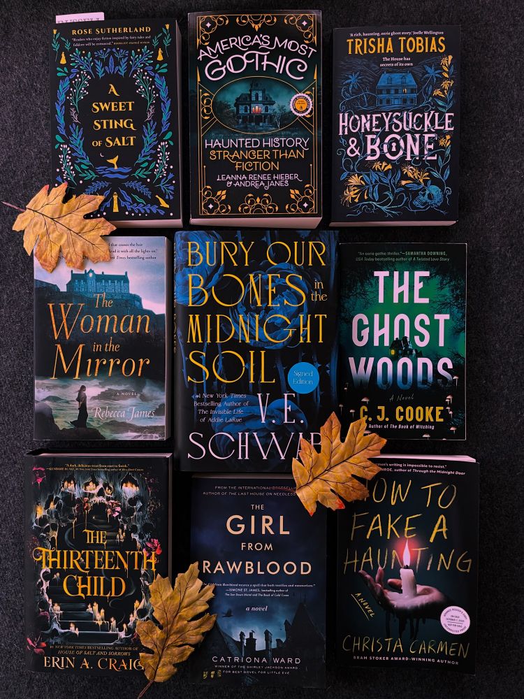 Here's a pretty color cover collage with books l've read & enjoyed:
America's Most Gothic Honeysuckle & Bone
The Woman in the Mirror
The Ghost Woods
The Girl From Rawblood
-
TBR:
A Sweet Sting of Salt
Bury Our Bones in the Midnight Soil
The Thirteenth Child 
How to Fake a Haunting