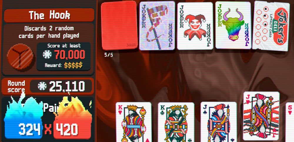 A small screeenshot of a play from Balatro. A mix of jokers, cards, and the hand of two pairs have created a 324x420 score. It's on super fire.