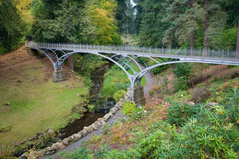 The same bridge at Cragside but seen today, still surrounded by woodland with a stream running underneath.