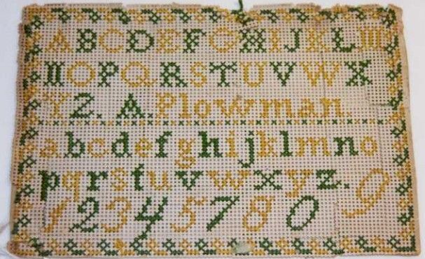 A sampler worked in embroidery cotton on perforated paper backed with cream silk. It has the alphabet in upper and lower case, the numbers 0 to 9, and 'Y2. A. Plowman', all embroidered in cross-stitch in alternate green and yellow letters, with a similarly-coloured cross-stitch border all around the edge. 