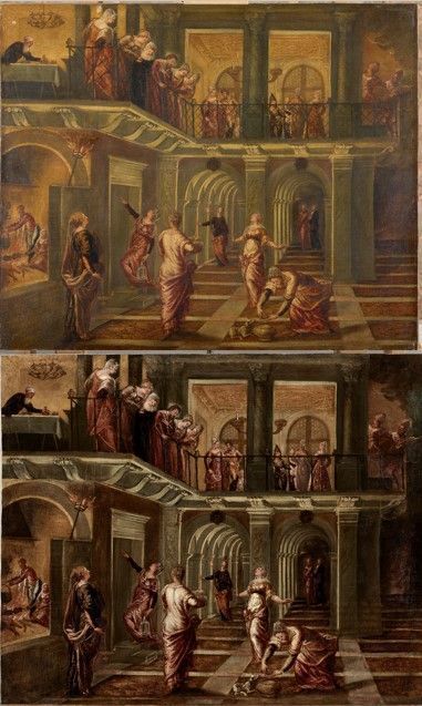 Two images above one another of the same painting shown before and after conservation work, with colours and lines more prominent after conservation work. The painting shows the bridegroom, attended by five wise virgins, leans from a balcony above a hall or courtyard and addresses the five foolish virgins who appeal for admission from below; to their left is a kitchen and in the background a double colonnade, surmounted by arms with a palle, where three figures are visible; above, two rooms open from the balcony, a ballroom in the centre with dancing couples, and left, a dining room where a servant is laying a table; two musicians stand at the extreme right of the balcony.
