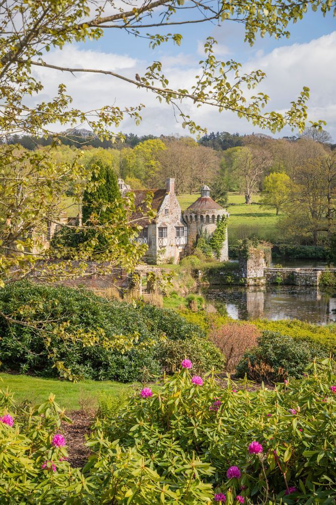 A glimpse of Scotney Castle, the rounded turret overlooking a lake, through a view of green trees and bushes with bright pink flowers, and a lawn dotted with many trees in the background.