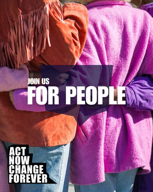 Bold text over an image of people in colourful jackets, arm in arm, without their faces showing, reads "Join us for climate, act now change forever"