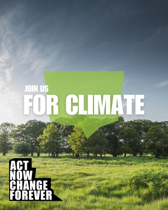 Bold text over an image of green trees in a lush grass field reads "Join us for climate, act now change forever"