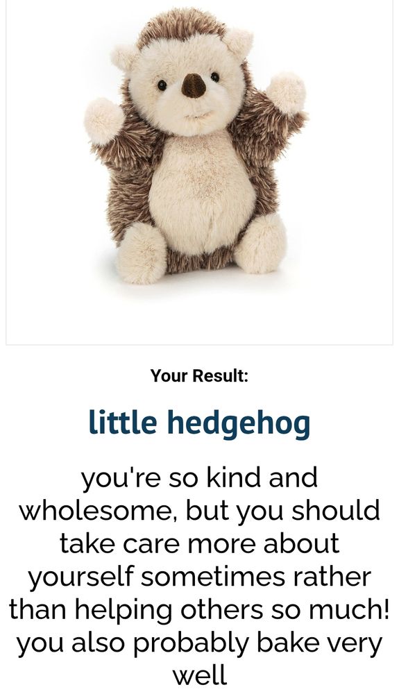 He hecho un test sobre que animal de peluche y dice que soy un pequeño erizo.

Tambien dice que soy amable y bueno, cocino bien y me deberia preocupar más por mi mismo.