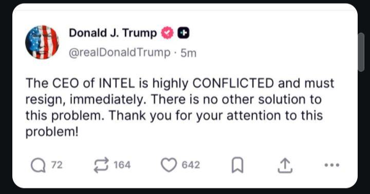 Stupid racist Donald Trump post about the Intel CEO. 