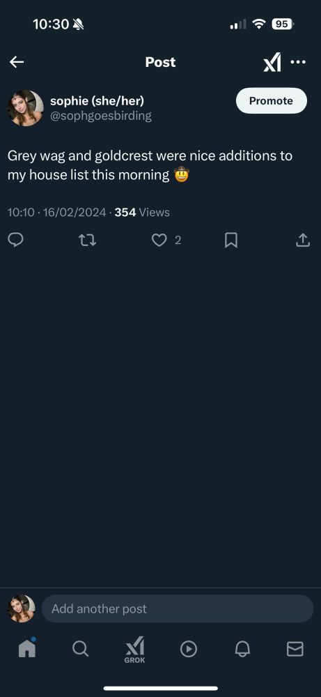 Screenshot of my tweet from February 16th last year where I’d reported seeing a grey wagtail from my house