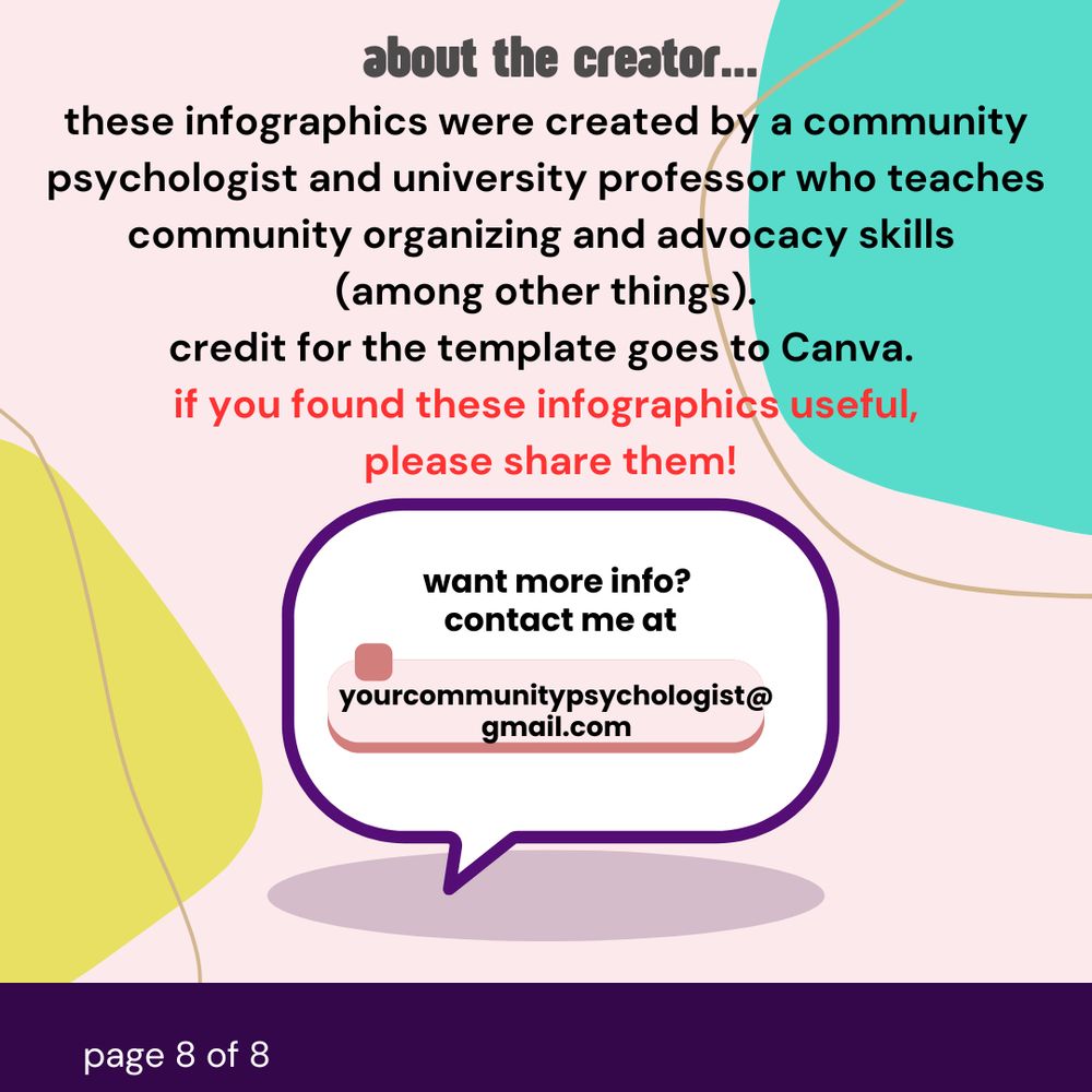 About the creator. These infographics were created by a community psychologist and university professor who teaches community organizing and advocacy skills (among other things). Credit for the template goes to Canva. If you found these infographics useful, please share them! Want more info? Contact me at yourcommunitypsychologist@gmail.com