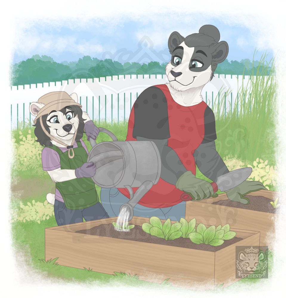 A panda bear man in a red and black shirt and green garden gloves (Peng) watches his daughter (Neva) with a soft smile. His half-polar-bear daughter wearing a gardening hat, apron, and gloves is gently watering some plants with a happy smile on her face. They are both sitting in the backyard in front of some planters, with patches of grass, flowers, and a wooden fence behind them.