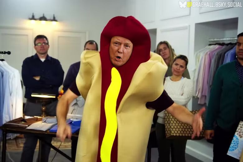 The "We're All Trying To Find The Guy Who Did This" scene from the Netflix comedy series "I Think You Should Leave" where a guy who crashed into a storefront in a hotdog themed car wearing a hotdog costume acts like he's part of the crowd who are trying to find the guy responsible

An incredibly obviously guilty party trying to shift blame from their own incredibly obvious guilt

So I photoshopped Donald Trump's face into it to use as a meme for the many times he's responsible for something awful and tries to pretend like it's not so incredibly obviously his fault