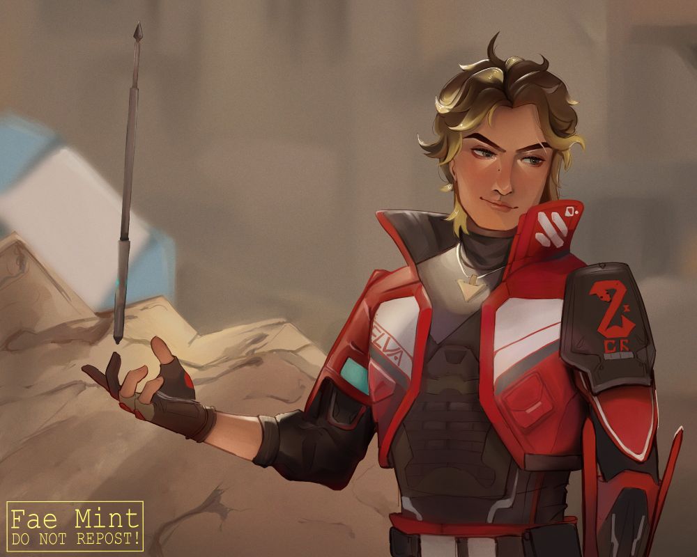 Fanart of Sparrow from Apex Legends holding an arrow, as seen in his finisher animation. 
