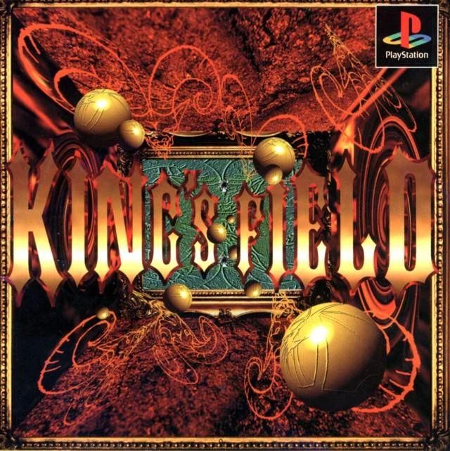 Portada de la caratula del videojuego King's field. Letras King's Field doradas sobre un fondo rojo