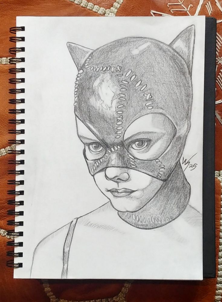 Pencil drawing of a photograph of Christina Ricci wearing the Michelle Pfeiffer Catwoman mask circa 1995