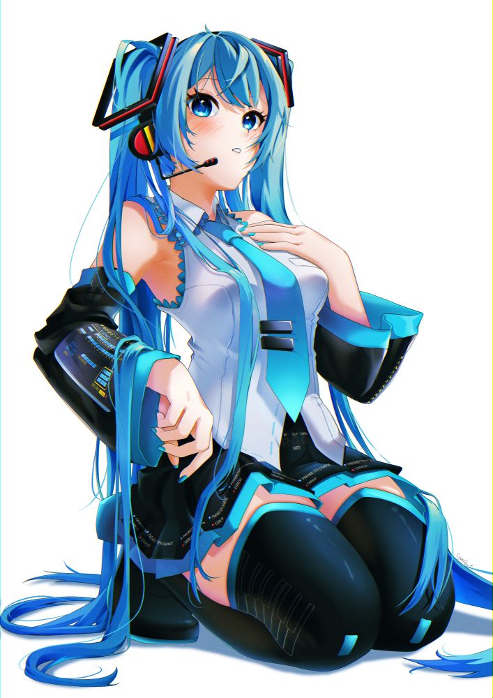 A fanart of Hatsune Miku kneeling on the ground with a soft expression. She has long blue twin tails, a headset, and a sleeveless turquoise and black outfit. Her hand is resting on her knee while the other lightly touches her chest. The background is white, making her colors pop.