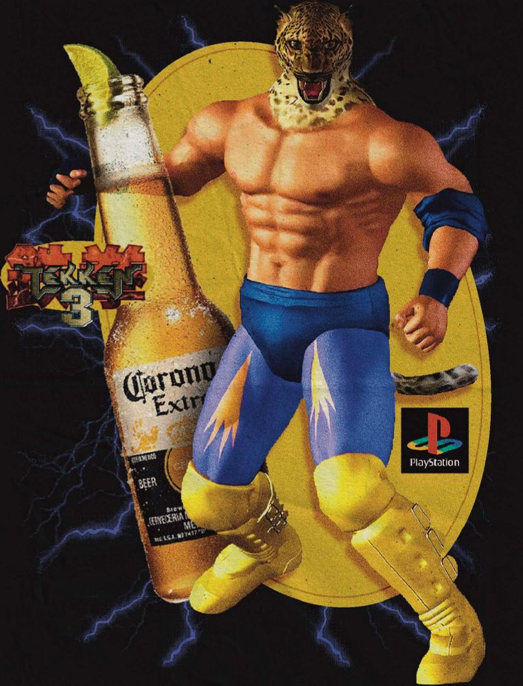 Tekken 3 promo featuring King and a bottle of Corona Extra 