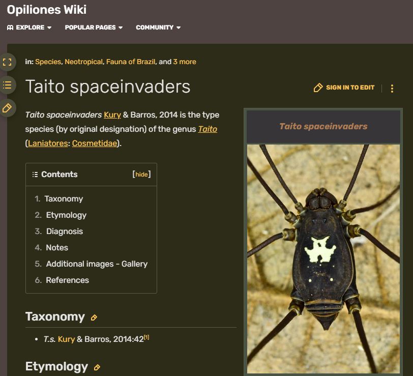 Screen shot from the Opiliones Wiki displaying information on the arachnid known as taito spaceinvaders