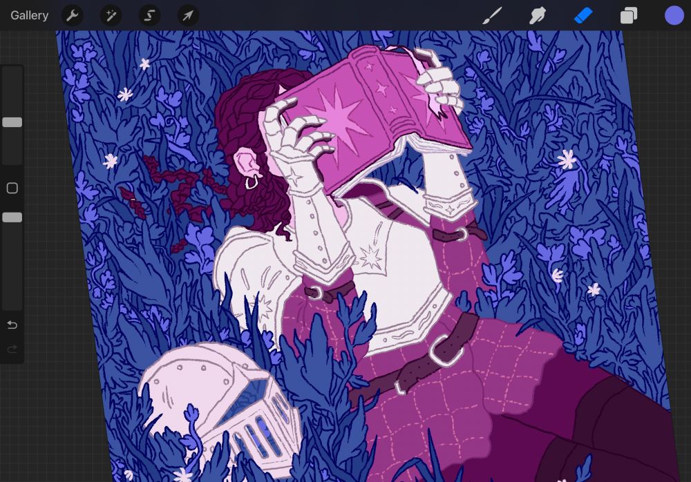 Wip of a knight reading in a field