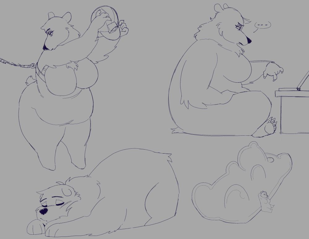 Aurora getting suited up into caving gear, working at a laptop, snoozing and resting at a large gummy bear