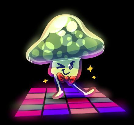 A drawn image of Chocolatewoosh's little mushroom character from the game Everhood 2, named Boops. They are a light green coloured mushroom with a large green spotted cap, and two little legs and feet sticking out the bottom. They are wearing a red bowtie, and dancing on a brightly coloured disco dance floor, winking at the viewer. 