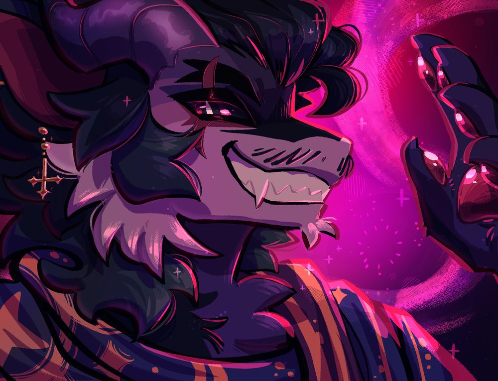 A digitally drawn bust of Gard3nb0y's original character, Lucian. 

Lucian is grinning, showing his fangs as he looks towards the viewer. He is gently showered in sparkles, illuminated by his magic- which is a bright pink, weaving behind and around him. He has one hand raised, as if commanding the magic as it swirls. 