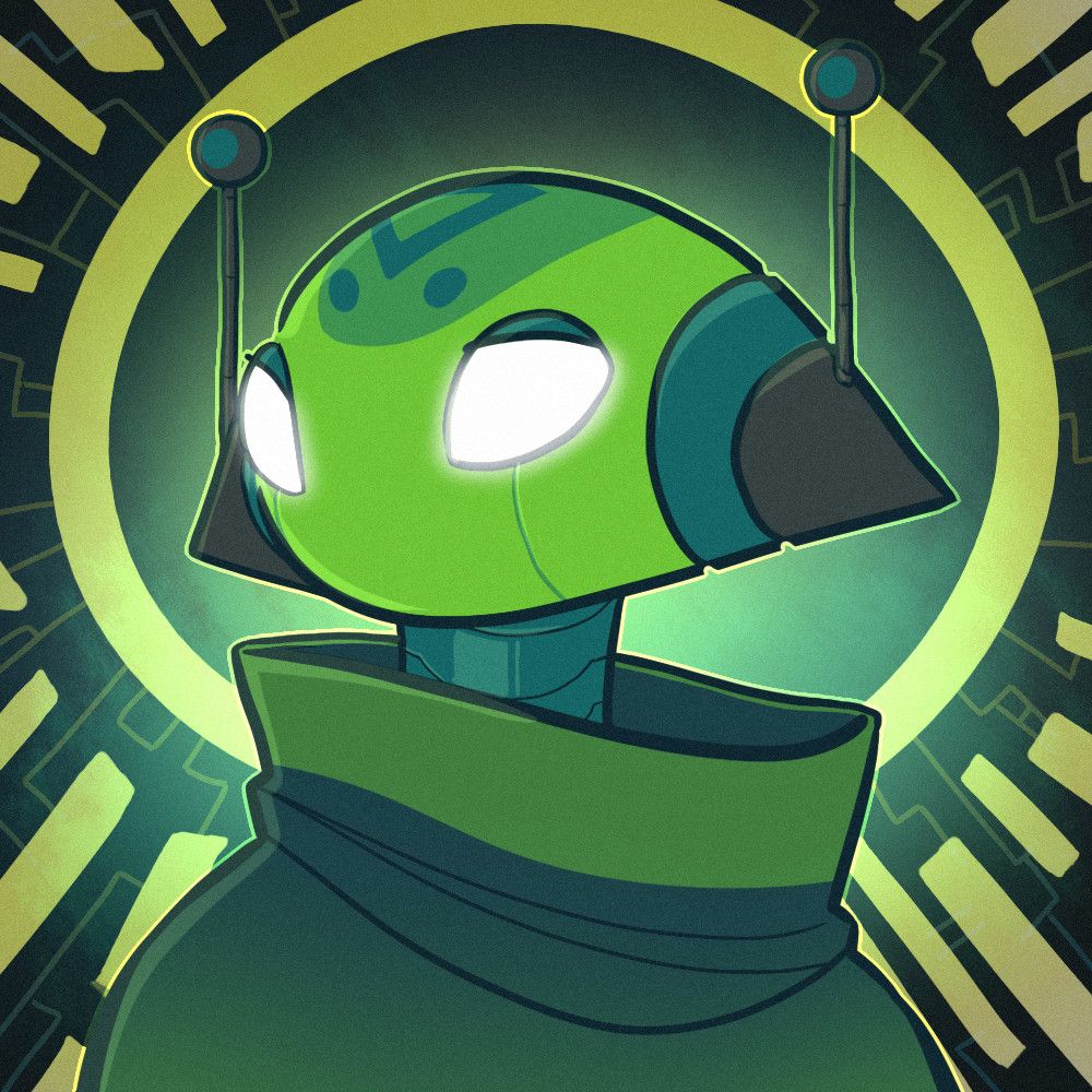 A drawn bust of Chocolatewoosh's character, Thoughts of Wondering. They are a fan iterator from the game Rain World. They are looking over their shoulder deep in thought. 