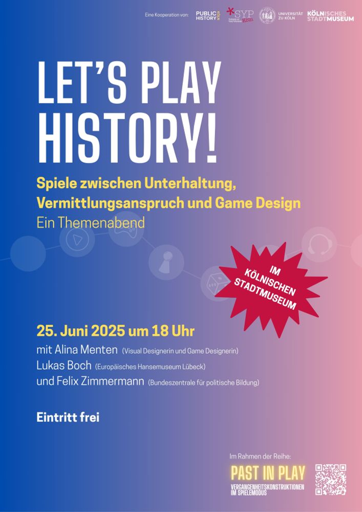 Plakat zur Veranstaltungsankündigung: am 25. 6 ab 18 Uhr diskutieren Aline Menten, Lukas Boch und Felix Zimmermann über Spiele zwischen Unterhaltung, Vermittlungsanspruch und Game Design. Das Plakat hat einen blau-rosanen Hintergrund und Spielsymbole (Spielfelder, Spielsteine), die nur ganz zart sichtbar sind.