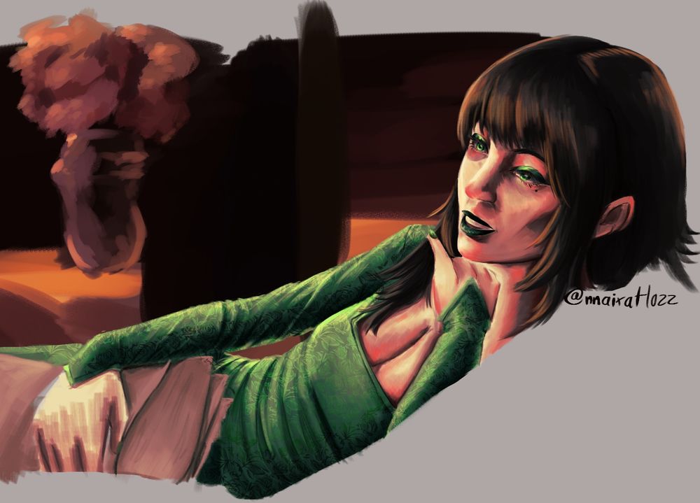 digital drawing of an oc named hazel, lounging on her side while talking to someone out of frame. she has some work papers on her lap, face down, underneath a poorly rendered hand 