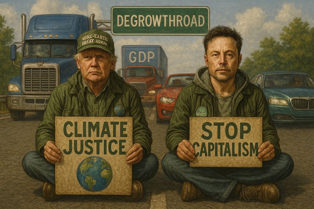 Trump and Musk drawn as climate activists blocking a road. 