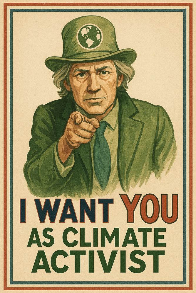 Vintage-style propaganda poster inspired by the classic 'I Want You for U.S. Army' design. A middle-aged man in a green suit, tie, and wide-brimmed hat with an Earth emblem points directly at the viewer. Bold text below reads 'I WANT YOU AS CLIMATE ACTIVIST' in red, blue, and green letters, framed by a red, blue, and beige border.