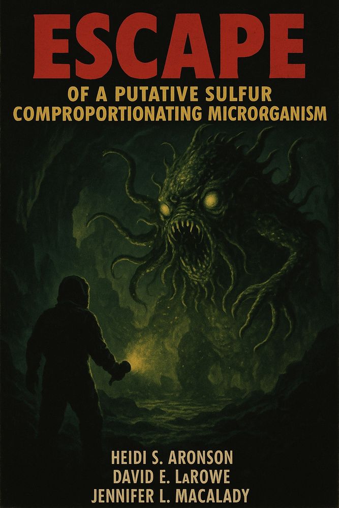 Vintage-style horror movie poster showing a monstrous, tentacled sulfur-based creature emerging from a dark underground cavern. A lone scientist in a hazmat suit faces the glowing beast with a flashlight. The title reads: 'Escape of a Putative Sulfur Comproportionating Microorganism'. Names of the original researchers are listed as starring actors.