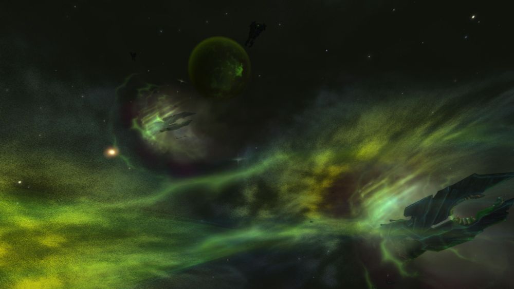 From WoW's Legion expansion - jagged, angular demon ships emerge from fel-clouded portals, the stillness of the Great Dark Beyond polluted by the granular, electric demon haze.  An unknown, shattered planet lies far behind - likely victim of the Legion's violence.