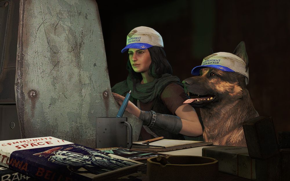 Piper Wright and Dogmeat from Fallout 4 are sitting at a computer while Piper types at the keyboard. The desk is a little bit messy and has a mug, books, a cigarette carton and ashtray. Piper and Dogmeat are wearing hats from the "Independent Fallout Wiki" mod that say "Independent Wiki Editor" on the front