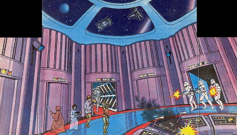 Another strangely colourful room inside the Death Star with Luke, Leia, Ben and C3PO. Some Stormtroopers are firing guns. 