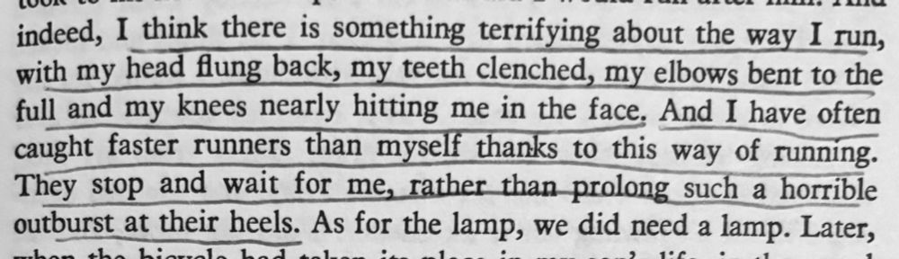 indeed, I think there is something terrifying about the way I run, with my head flung back, my teeth clenched, my elbows bent to the full and my knees nearly hitting me in the face. And I have often caught faster runners than myself thanks to this way of running.
They stop and wait for me, rather than prolong such a horrible outburst at their heels.