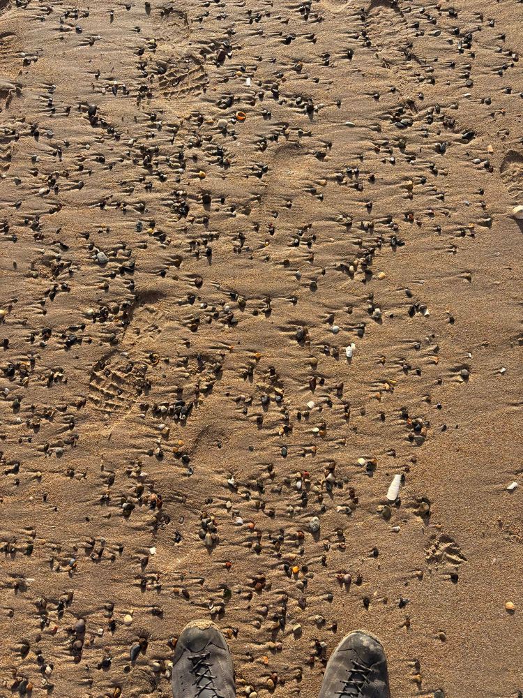 A sandy beach with lots of tiny pebbles casting sideways shadows from a low sun. You can also see the toes of the photographer’s shoes at the bottom of the frame. 