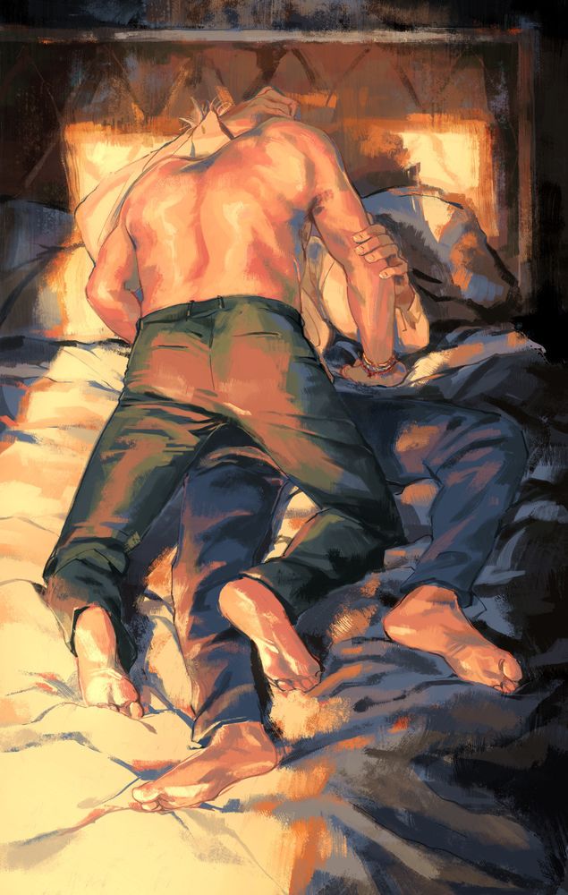 Thierry leans down overtop Ilya, who lays back in a bed. Neither face can be seen. They're partially undressed. The dark room is bathed in light through an open door.