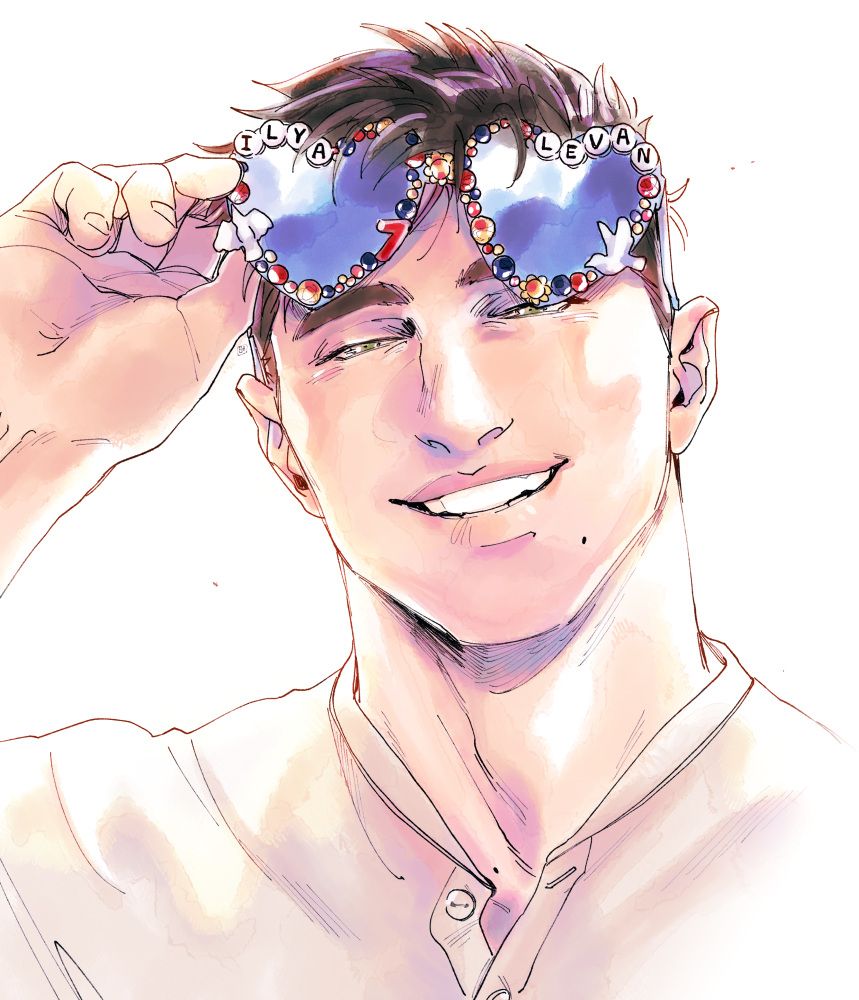 A sketchy portrait of Ilya, smiling widely while lifting a fan gift of heart-shaped sunglasses off his head that are embellished with beads, bird charms, and his name and number in alphabet beads.