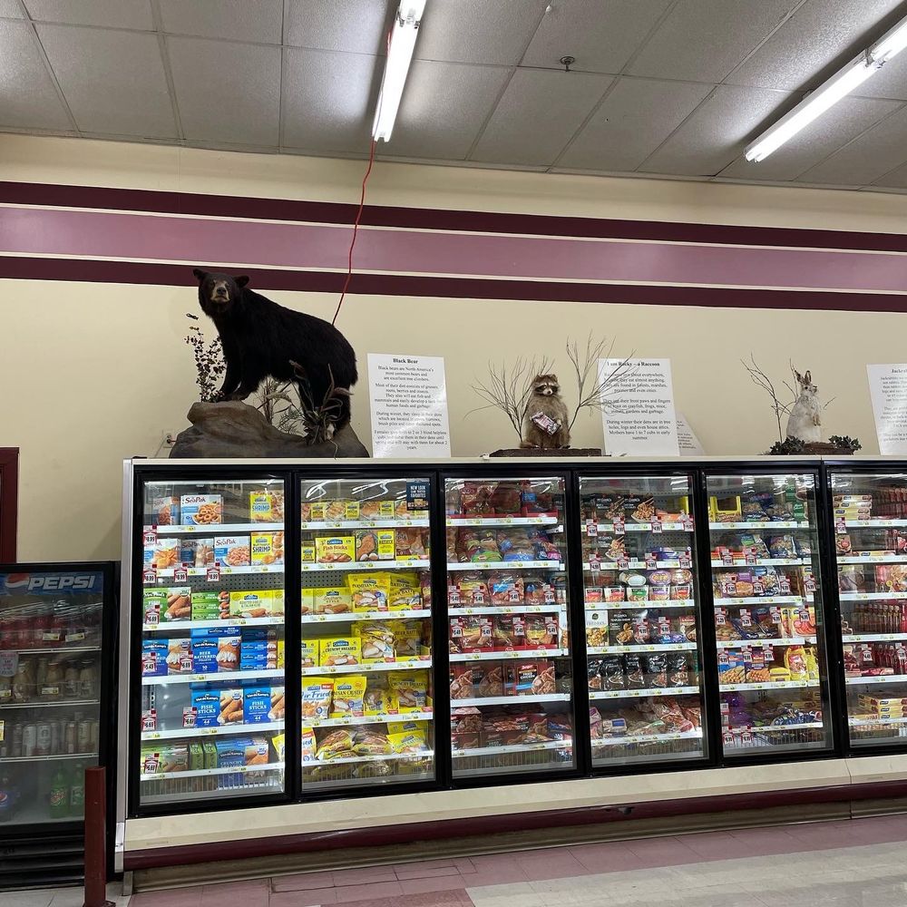 A series of taxidermy on top of a grocery store freezer: A bear on a rock looking like it’s getting ready to poop, a raccoon between two sticks that are supposed to evoke trees holding an open box of Cracker Jacks with one hand in it, and a white bunny sitting up like a human. 