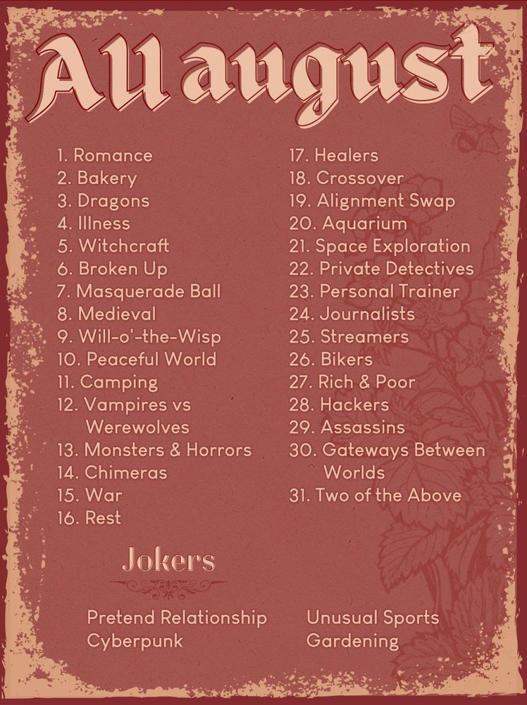 31 days challenge prompt list as follows: 1 Romance, 2 Bakery, 3 Dragons, 4 Illness, 5 Witchcraft, 6 Broken Up, 7 Masquerade Ball, 8 Medieval, 9 Will-o'-the-Wisp, 10 Peaceful World, 11 Camping, 12 Vampires vs Werewolves, 13 Monsters and Horrors, 14 Chimeras, 15 War, 16 Rest, 17 Healers, 18 Crossover, 19 Alignment Swap, 20 Aquarium, 21 Space Exploration, 22 Private Detectives, 23 Personal Trainer, 24 Journalists, 25 Streamers, 26 Bikers, 27 Rich and Poor, 28 Hackers, 29 Assassins, 30 Gateways Between Worlds, 31 Two of the Above. You have four Jokers: Pretend Relationship, Cyberpunk, Unusual Sports, Gardening.