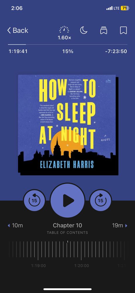How to sleep at night by Elizabeth Harris playing in the Libby app. The time stamp has an hour and ten minutes.
