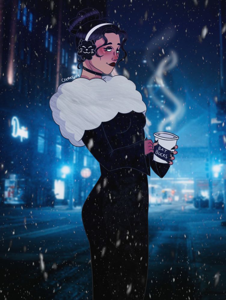 selina kyle stands in a snowy street holding a cup of coffee. She is wearing cat shaped earmuffs and a black velvet dress with a large white fur collar.