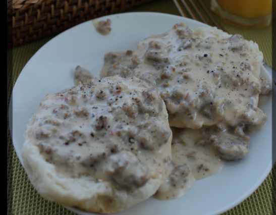 Biscuits and gravy. Can’t judge the taste but it looks revolting. Seriously, vomit on scones. 