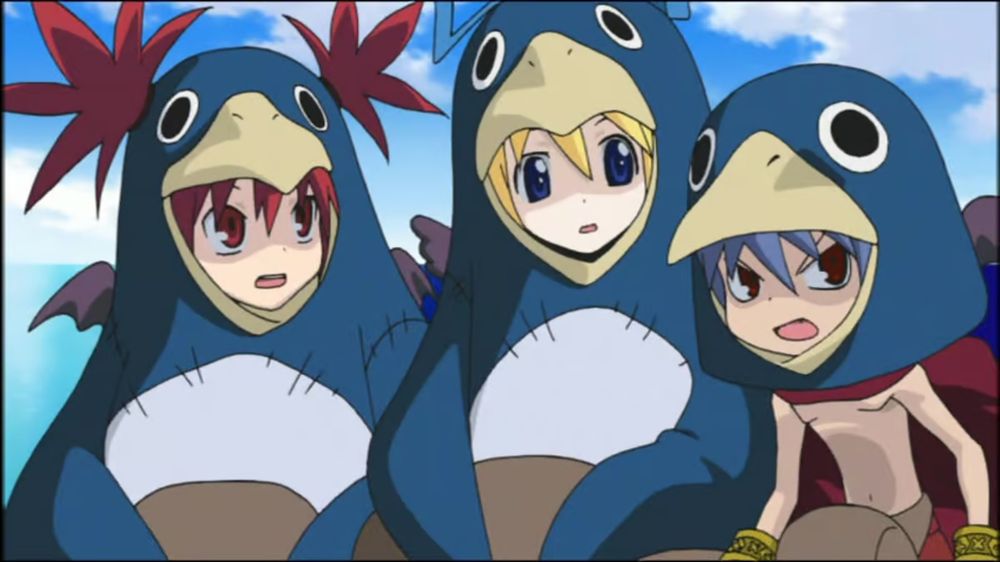 Disgaea humanoid characters dressed as Prinnies (the series' penguin lookalike mascots)