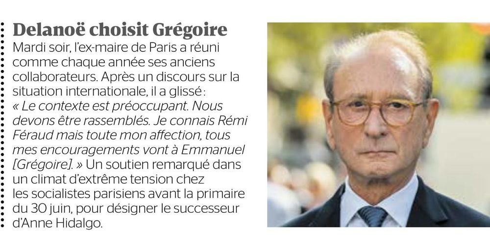 Photo de l'ancien maire de Paris et le texte paru dans la tribune dimanche où il déclare son affection et ses encouragements à Emmanuel Grégoire 