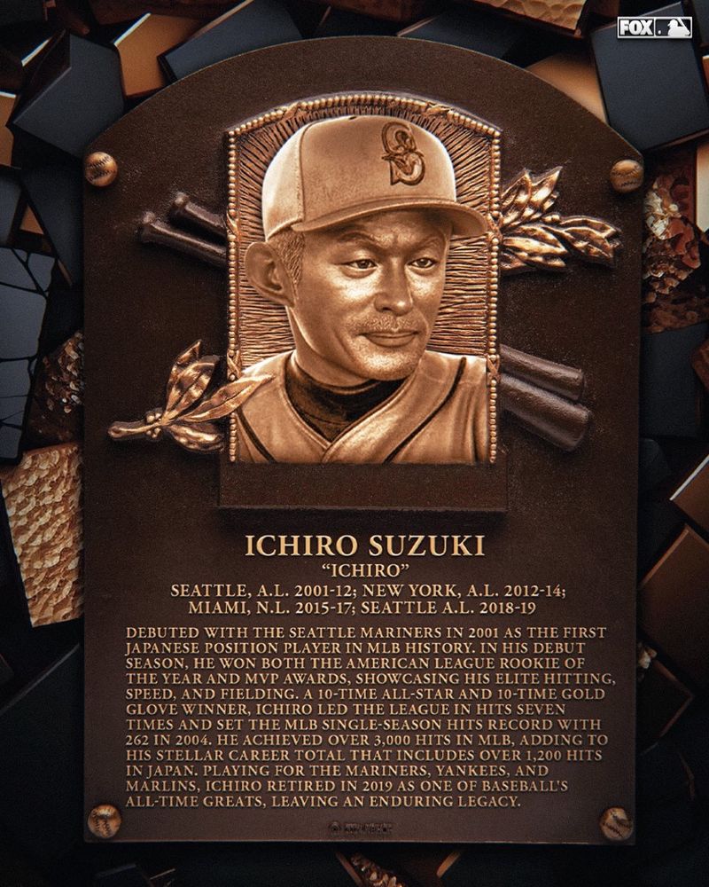 FOX.
ICHIRO SUZUKI
"ICHIRO"
SEATTLE, A.L. 2001-12; NEW YORK, A.L. 2012-14;
MIAMI, N.L. 2015-17; SEATTLE A.L. 2018-19
DEBUTED WITH THE SEATTLE MARINERS IN 2001 AS THE FIRST JAPANESE POSITION PLAYER IN MLB HISTORY. IN HIS DEBUT SEASON, HE WON BOTH THE AMERICAN LEAGUE ROOKIE OF THE YEAR AND MVP AWARDS, SHOWCASING HIS ELITE HITTING, SPEED, AND FIELDING. A 10-TIME ALL-STAR AND 10-TIME GOLD GLOVE WINNER, ICHIRO LED THE LEAGUE IN HITS SEVEN TIMES AND SET THE MLB SINGLE-SEASON HITS RECORD WITH
262 IN 2004. HE ACHIEVED OVER 3,000 HITS IN MLB, ADDING TO HIS STELLAR CAREER TOTAL THAT INCLUDES OVER 1,200 HITS IN JAPAN. PLAYING FOR THE MARINERS, YANKEES, AND MARLINS, ICHIRO RETIRED IN 2019 AS ONE OF BASEBALL'S ALL-TIME GREATS, LEAVING AN ENDURING LEGACY.