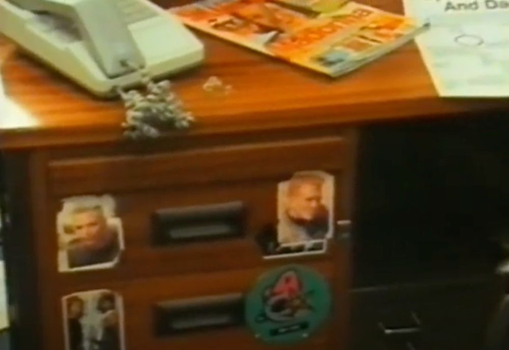 A shot from a 1992 edition of The South Bank Show on Pet Shop Boys, showing a desk in the Smash Hits office with an evocatively tangled telephone cord.