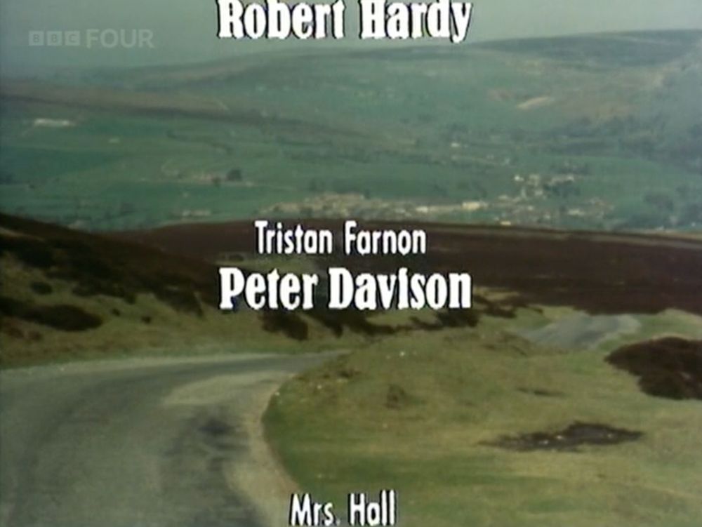 A section of the credit sequence from a 1980 episode of All Creatures Great and Small, informing viewers that Tristan Farnon is played by "Peter Davison".